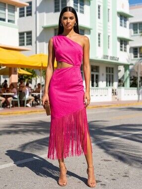 & Other Stories Pink Fringe Dress Cut Out Barbiecore One Shoulder Size 12